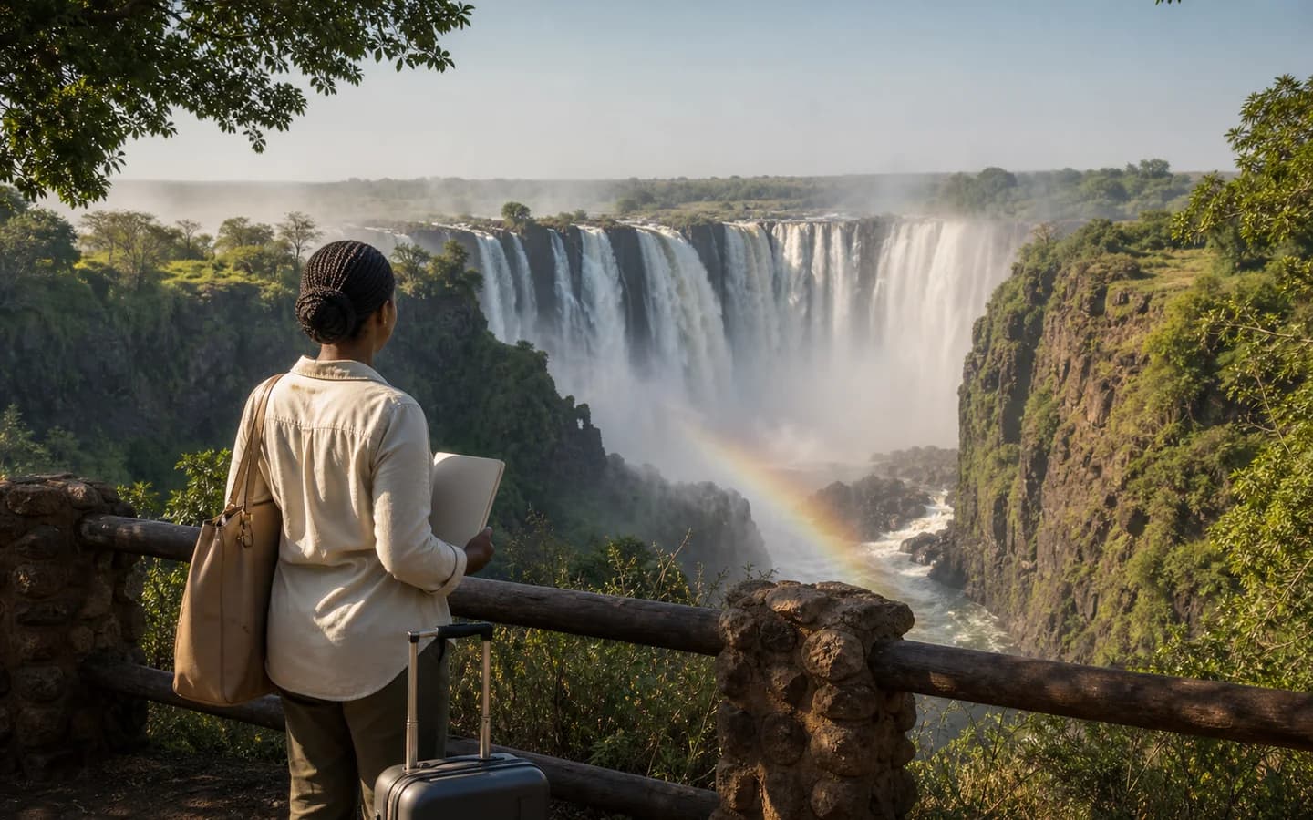 A traveller carrying medical documents and luggage overlooking Victoria Falls in Zimbabwe